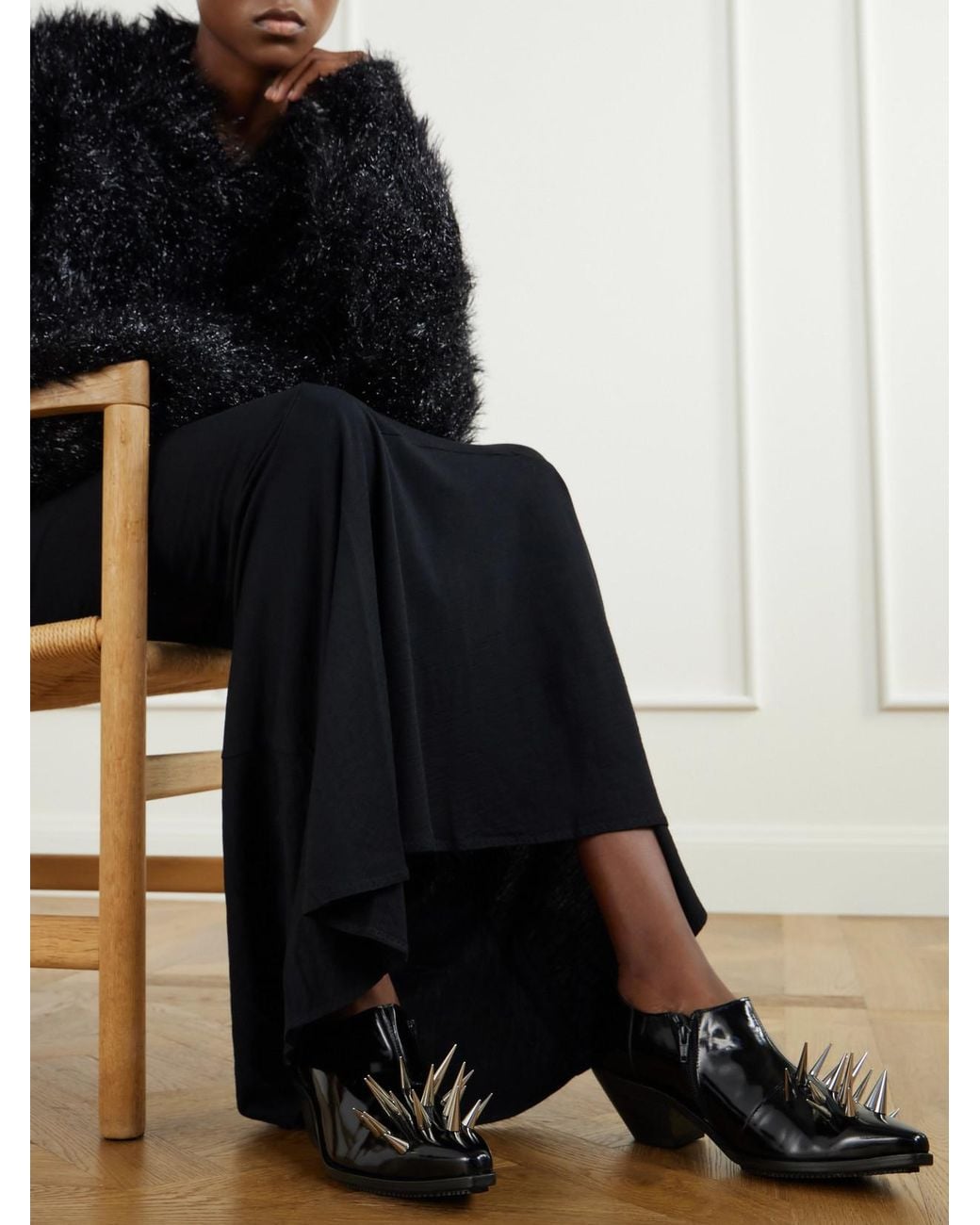 Junya Watanabe Black Studded Patent-Leather Ankle Boots