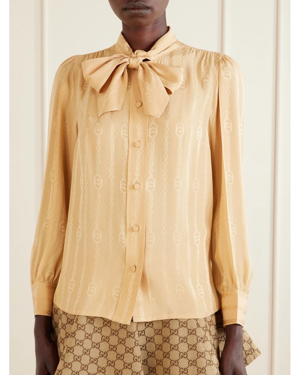 Gucci Natural Pussy-Bow Logo-Jacquard Silk Shirt