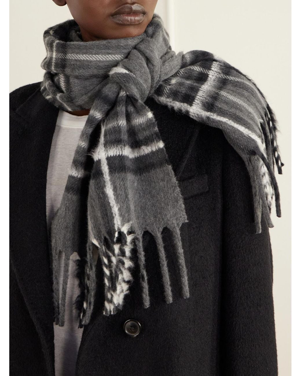 Johnstons Gray Mull Fringed Checked Wool, Cashmere And Silk-Blend Scarf