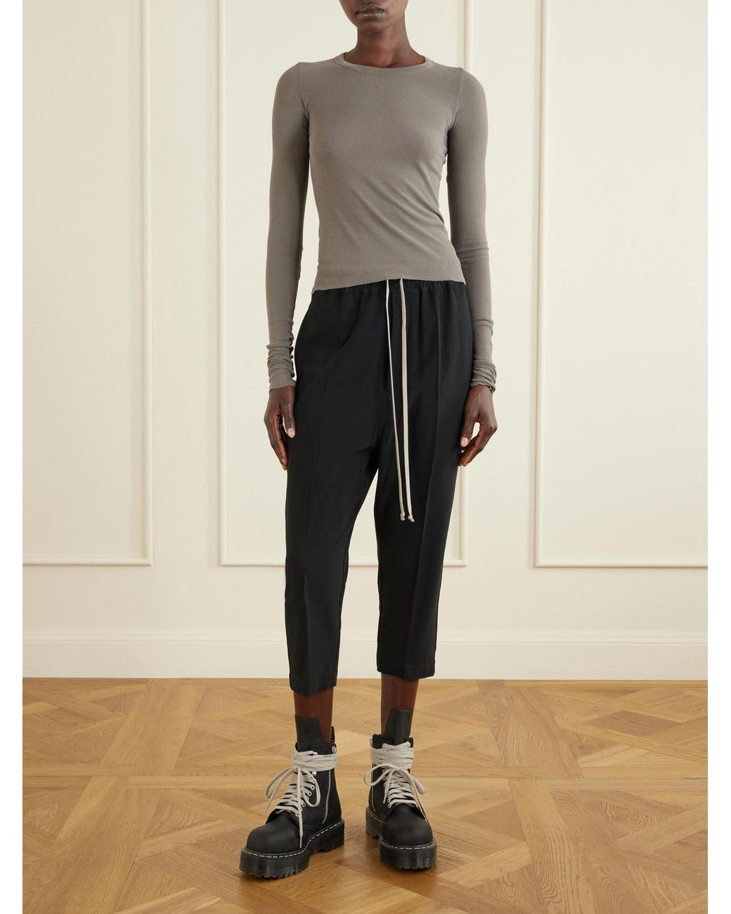 Rick Owens Gray Frayed Ribbed Jersey T-Shirt