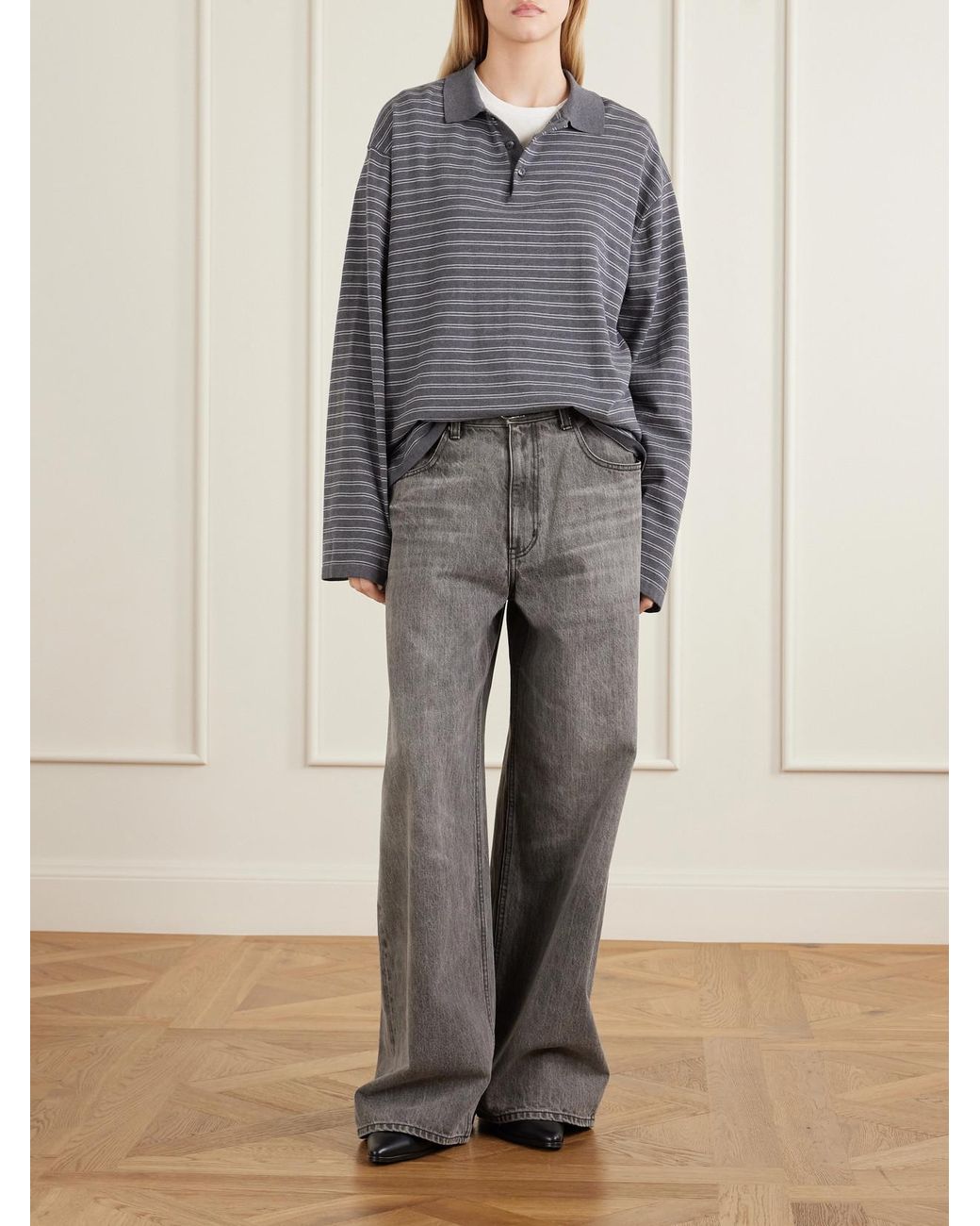 Nili Lotan Gray Foley Stripe Cotton Polo Shirt
