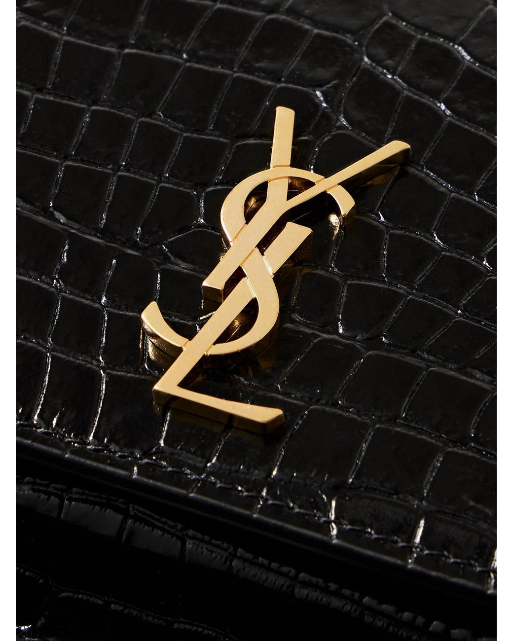 Saint Laurent Black Cassandre Croc-Effect Leather Phone Pouch