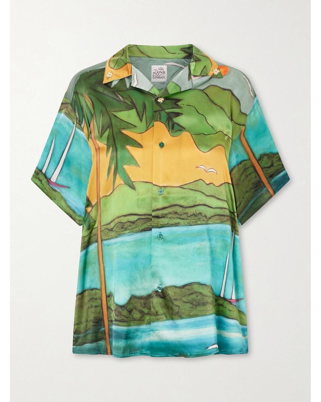 Donde Esteban Green Magdalena Printed Silk-Blend Satin Shirt