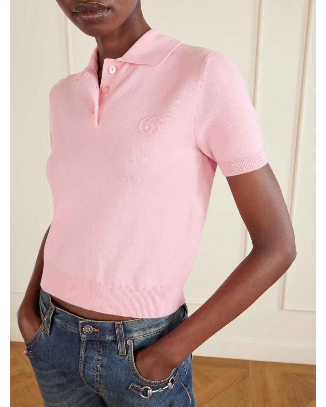 Gucci Pink Embroidered Wool Polo Sweater