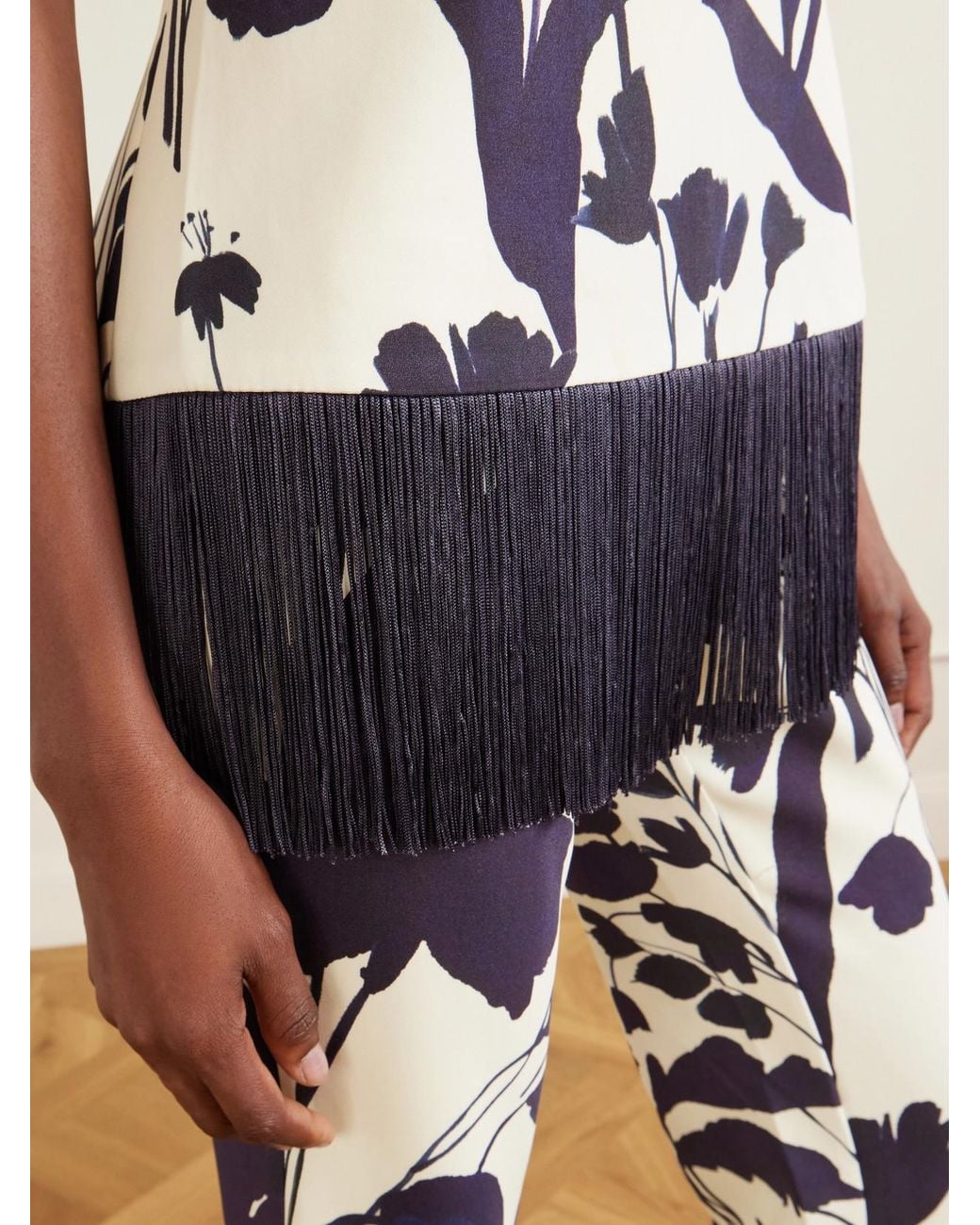 Cara Cara Blue Benita Fringed Floral-Print Stretch-Crepe Tank