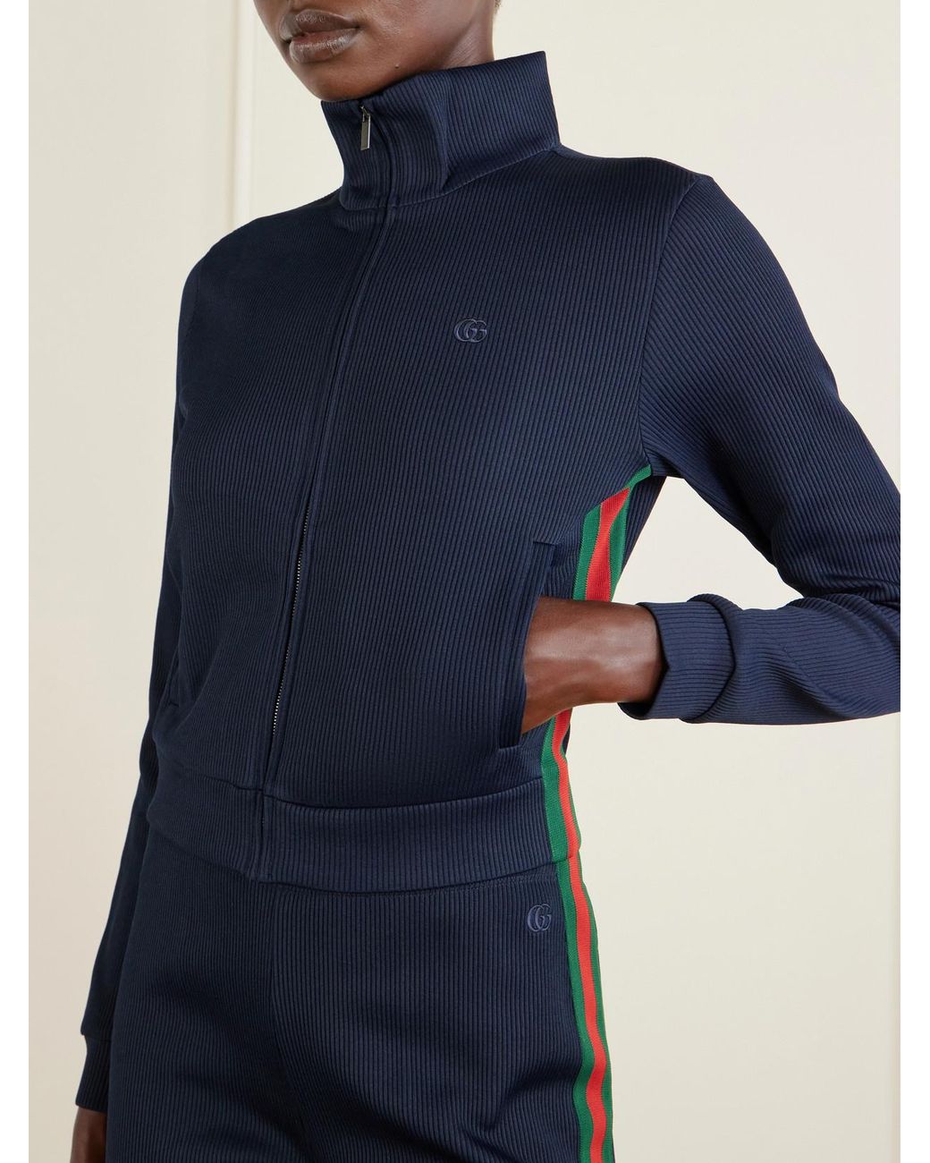 Gucci Blue Webbing-Trimmed Ribbed Zip-Up Jacket