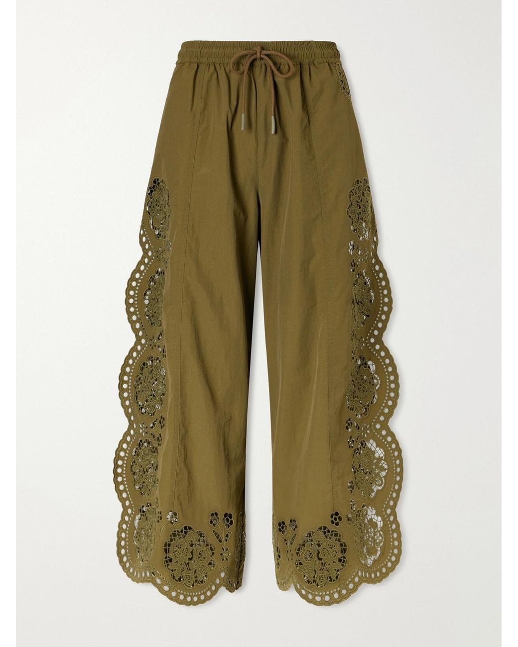 Sea Green Vittoria Broderie Anglaise-Trimmed Shell Wide-Leg Pants