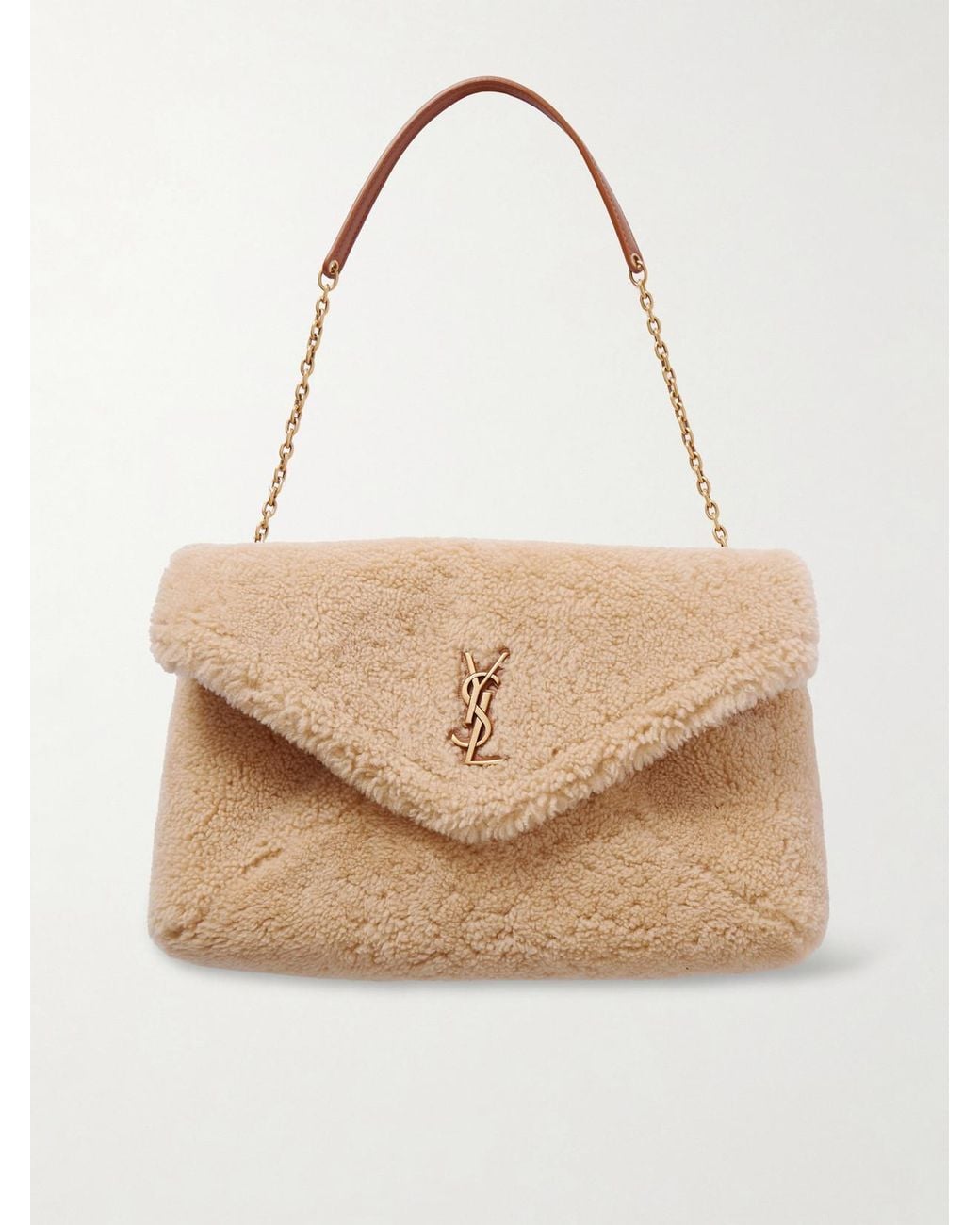 Saint Laurent Natural Cassandre Leather-Trimmed Shearling Shoulder Bag