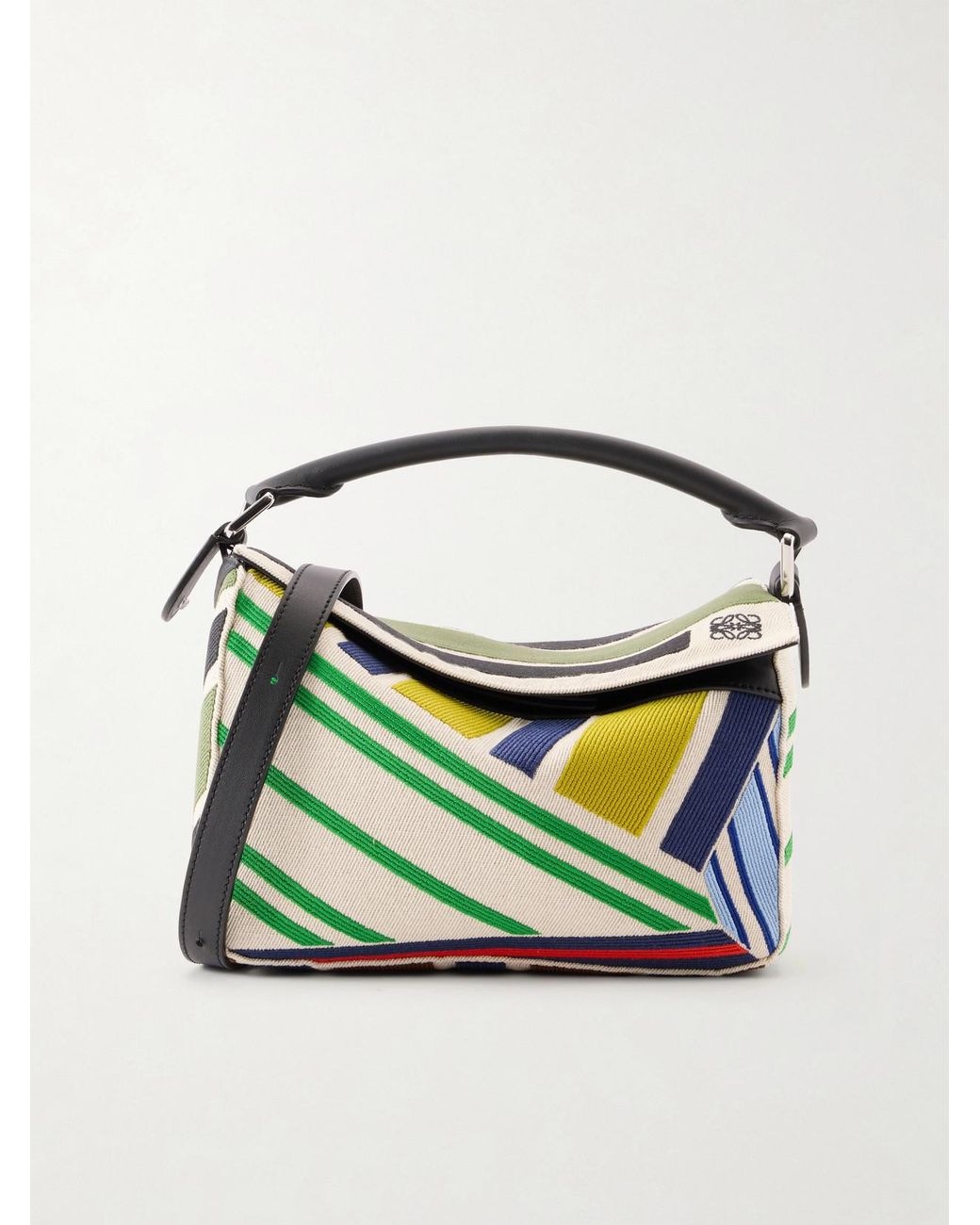Loewe Green Puzzle Striped Leather-Trimmed Canvas Top-Handle Bag