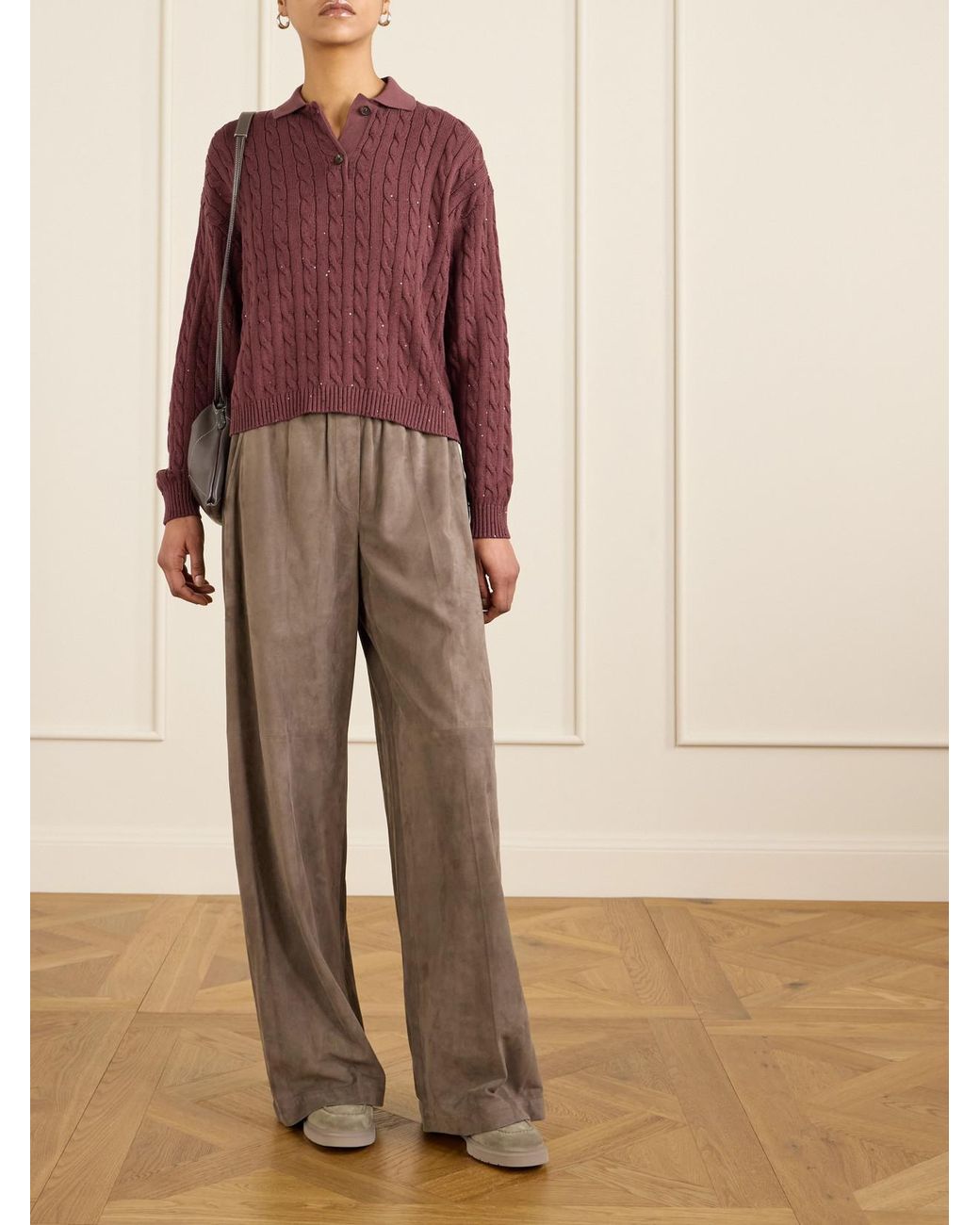 Brunello Cucinelli Red Sequined Cable-Knit Cotton-Blend Sweater