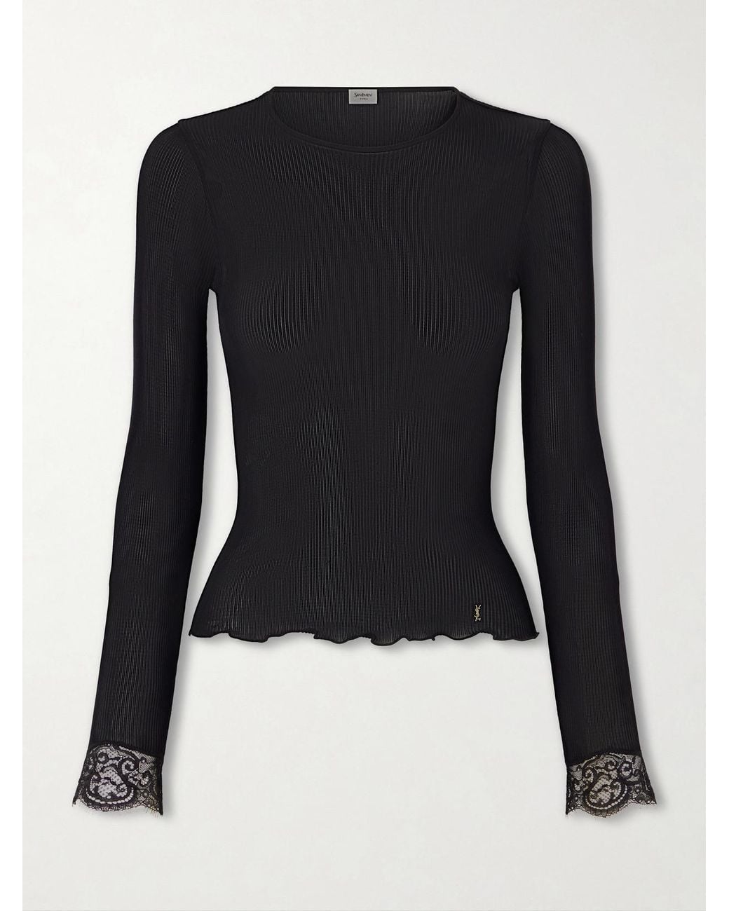 Saint Laurent Black Lace-Trimmed Ribbed-Knit Silk T-Shirt