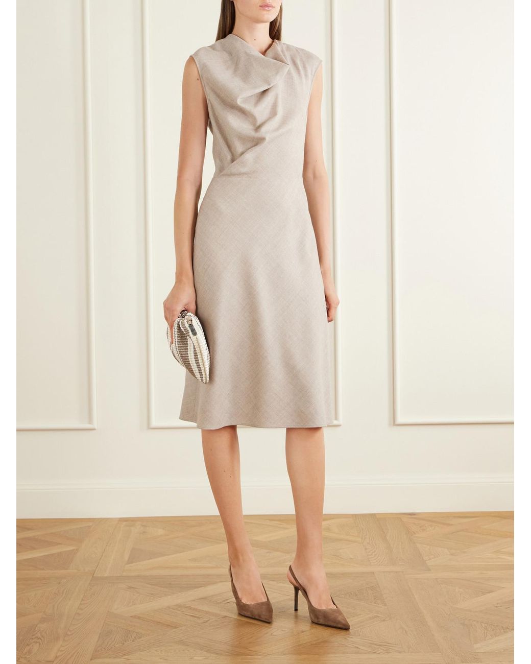 Brunello Cucinelli Natural Draped Virgin Wool Midi Dress