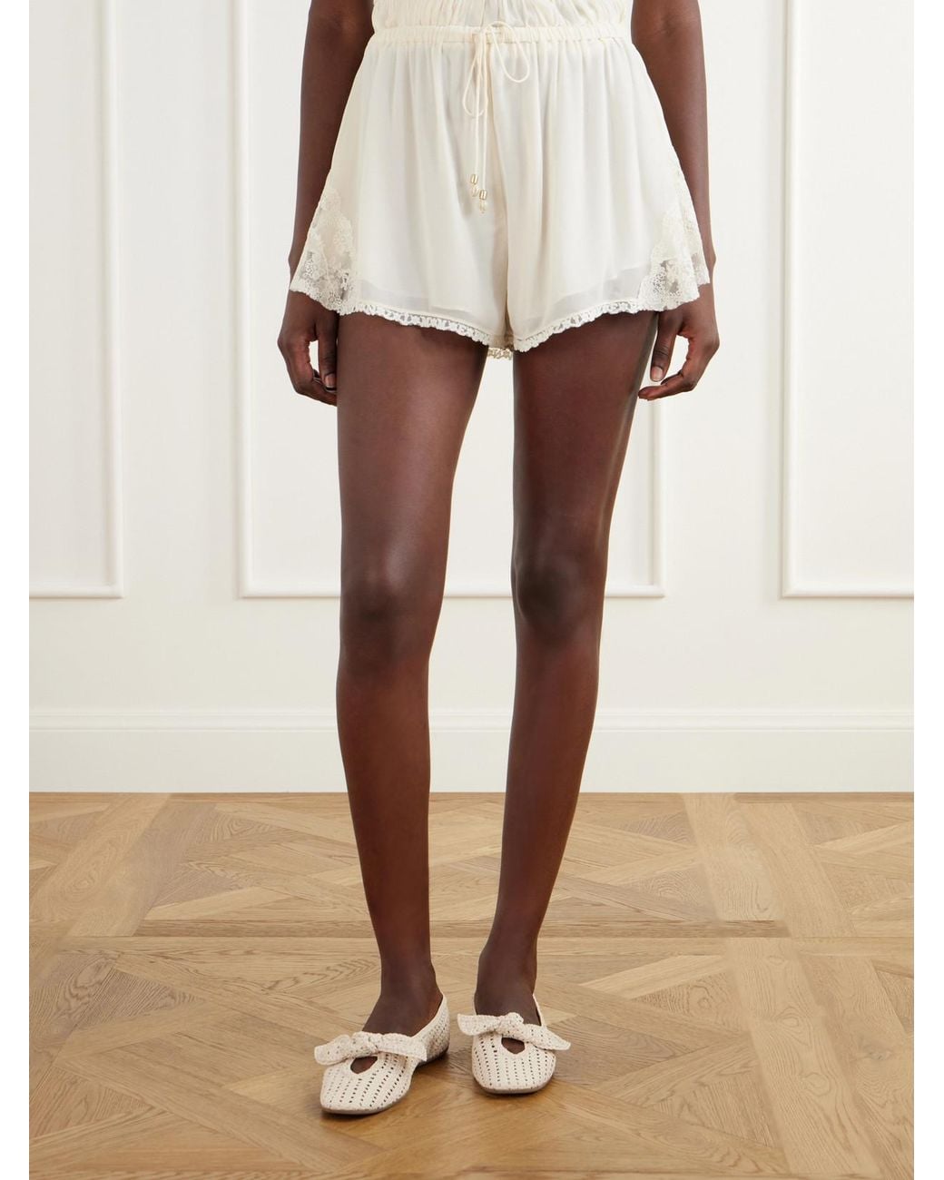 Zimmermann Natural Fairlight Lace-Trimmed Charmeuse Shorts