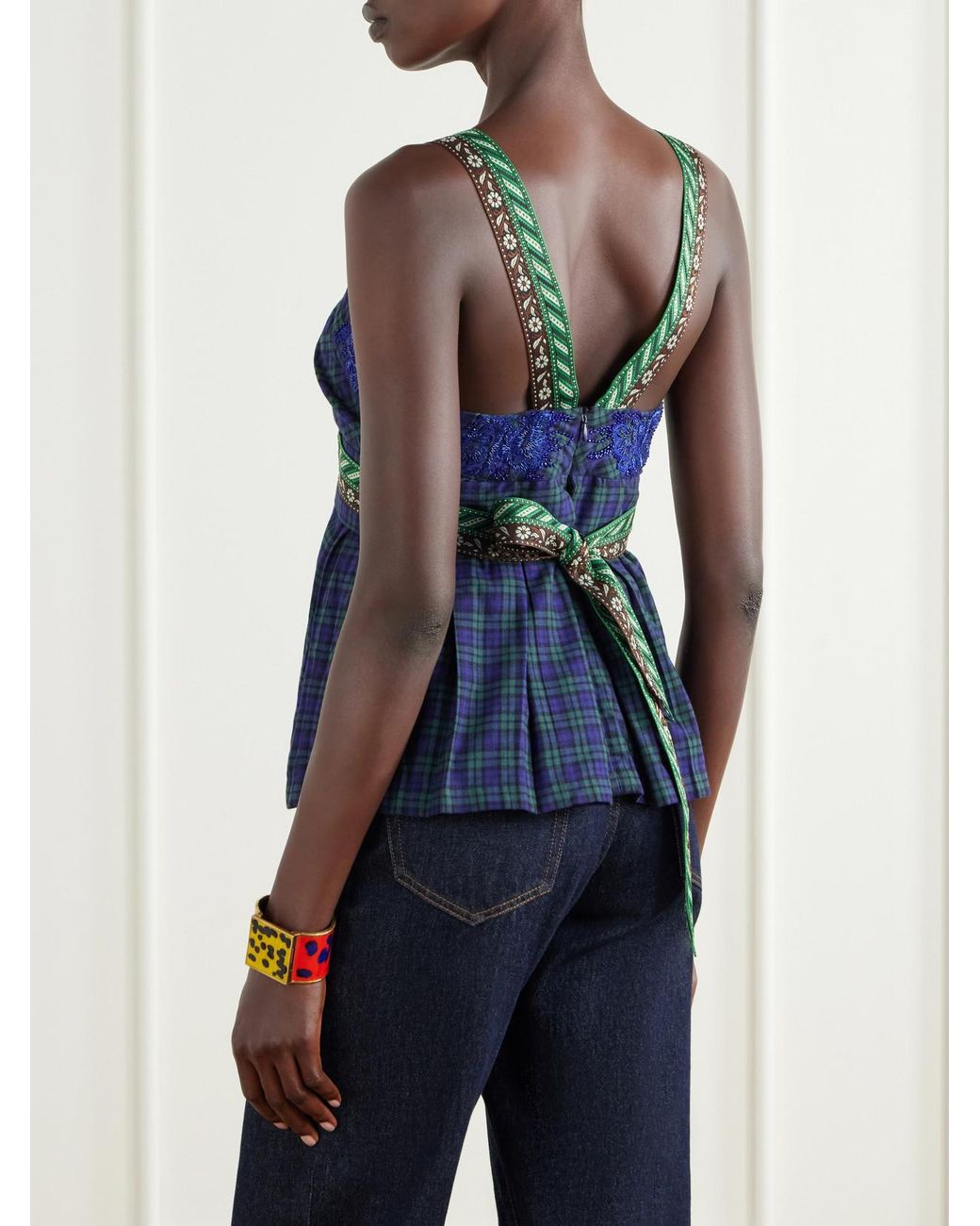 Dries Van Noten Blue Embellished Wrap Checked Cotton Top