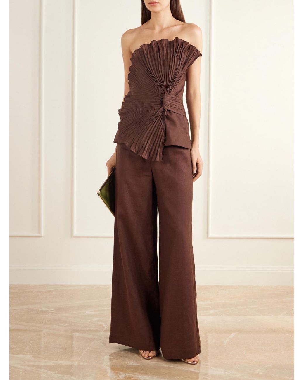 ANDRES OTALORA Brown Salmar Linen-Woven Wide-Leg Pants
