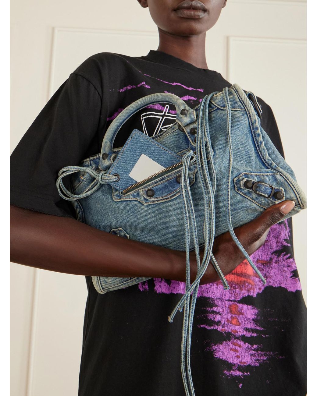 Balenciaga Blue Le City Small Embellished Denim Shoulder Bag