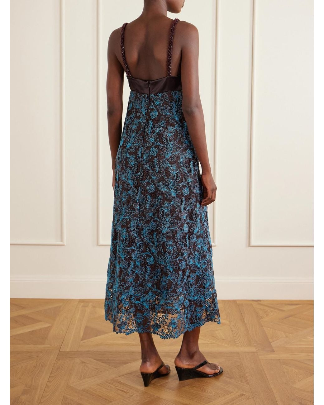 ALÉMAIS Blue Francine Bead-Embellished Satin-Trimmed Guipure Lace Midi Dress