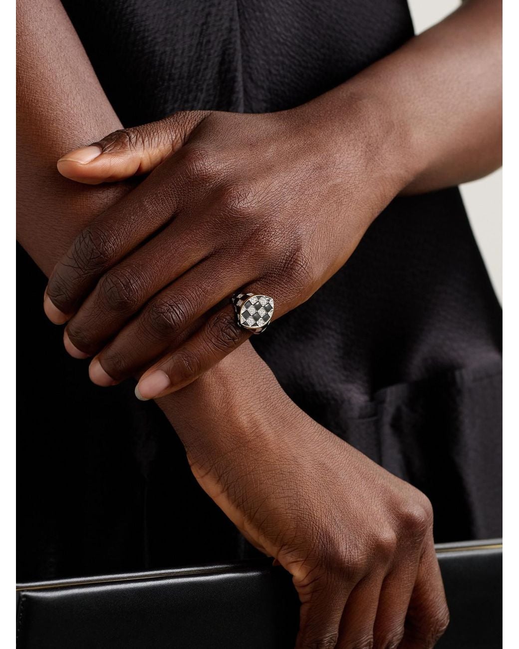 Yvonne Léon Natural Chevalière Marquise Damier 9-Karat, Diamond And Enamel Ring