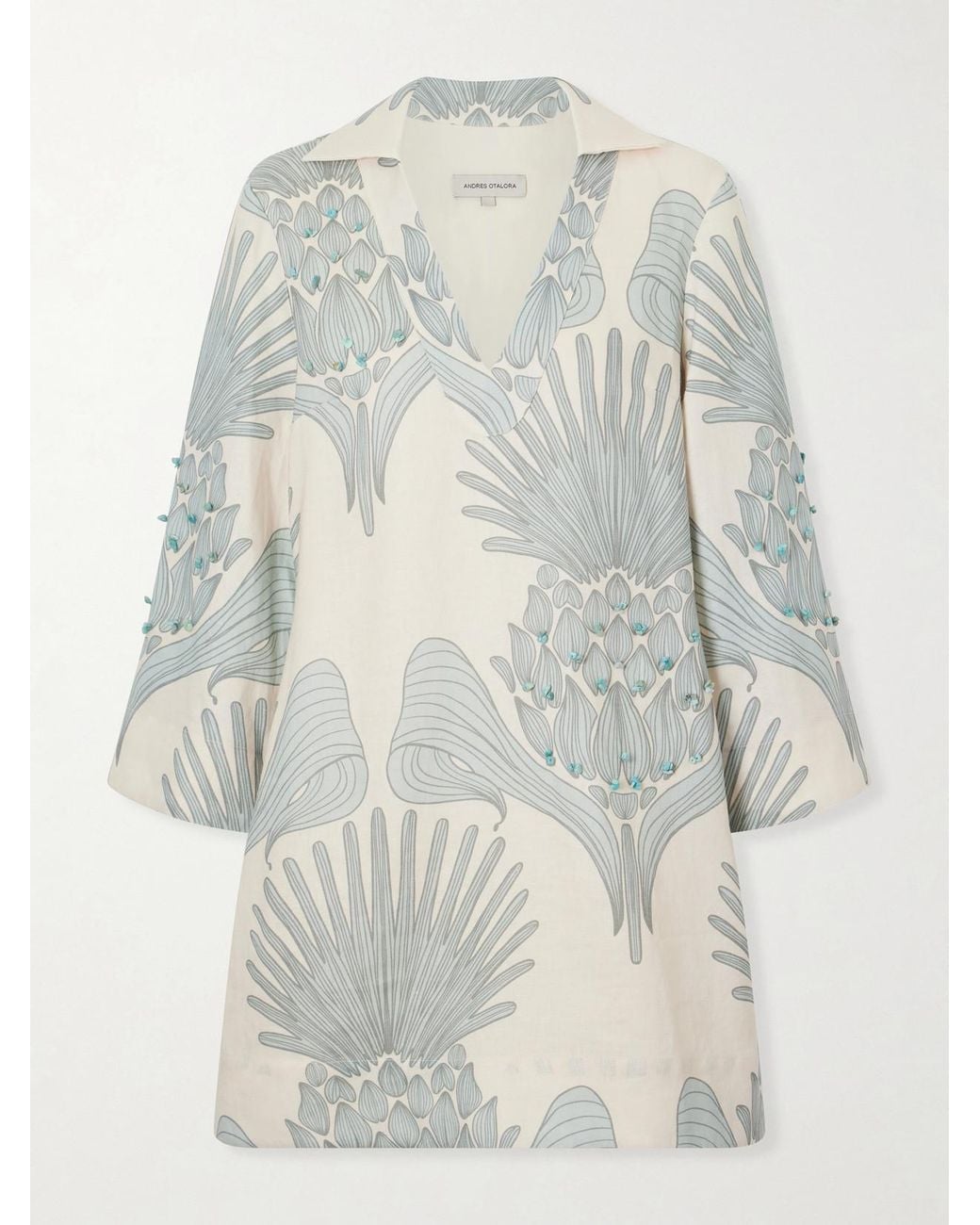 ANDRES OTALORA White Aziza Mia Embellished Printed Linen Mini Dress