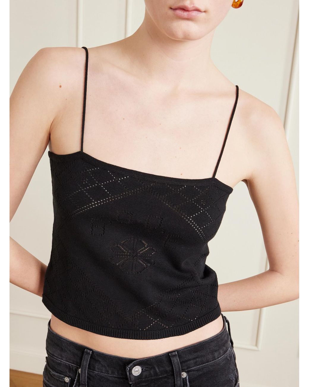 Bode Black Anisette Cropped Embroidered Cotton Tank Top