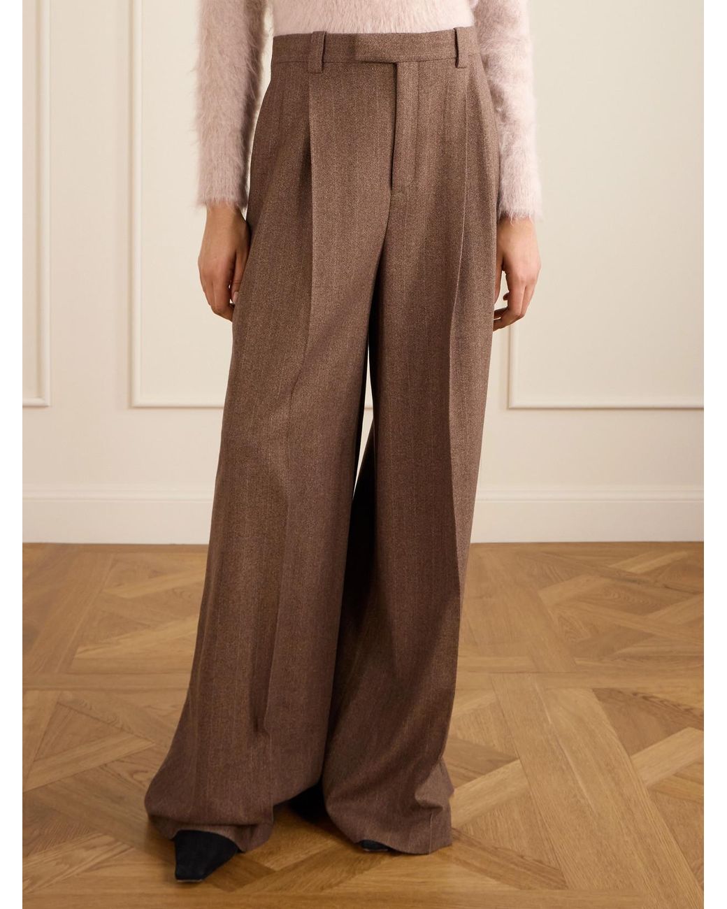 Loro Piana Brown Pleated Pinstriped Wool And Cashmere-Blend Wide-Leg Pants
