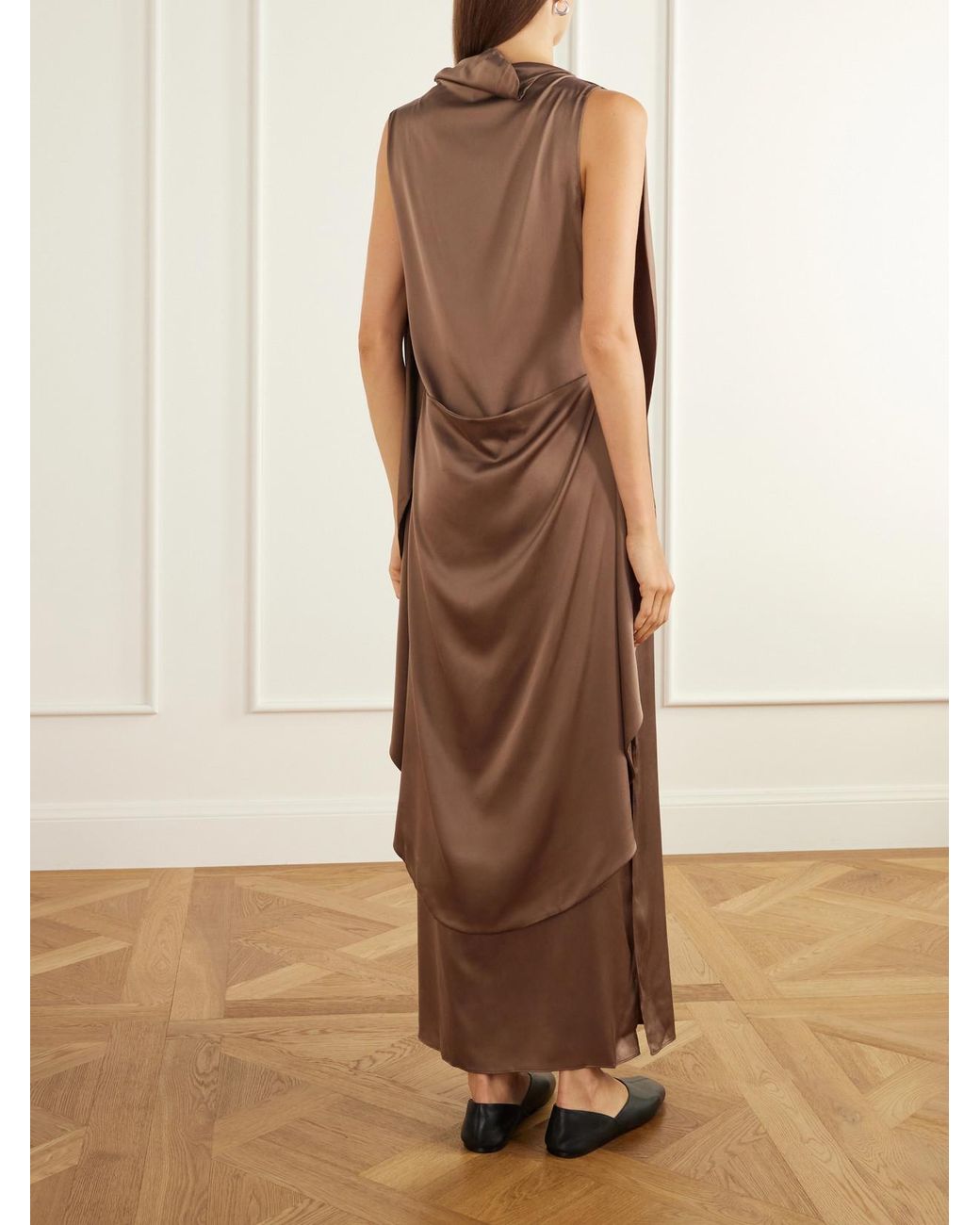 Ruohan Brown Ikra Cape-Effect Draped Silk-Habotai Maxi Dress