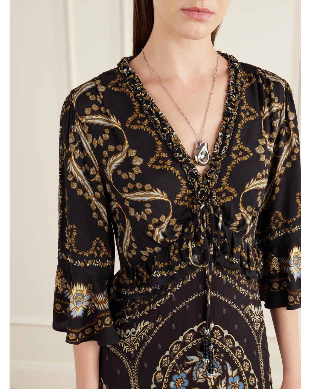 Farm Rio Black Daniela Ruffled Printed Embroidered Crepe Maxi Dress