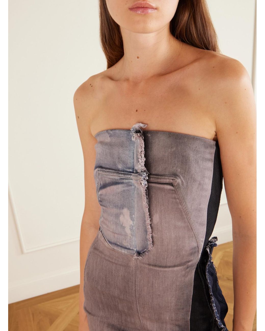 Rick Owens White Distressed Paneled Stretch-Denim Maxi Dress