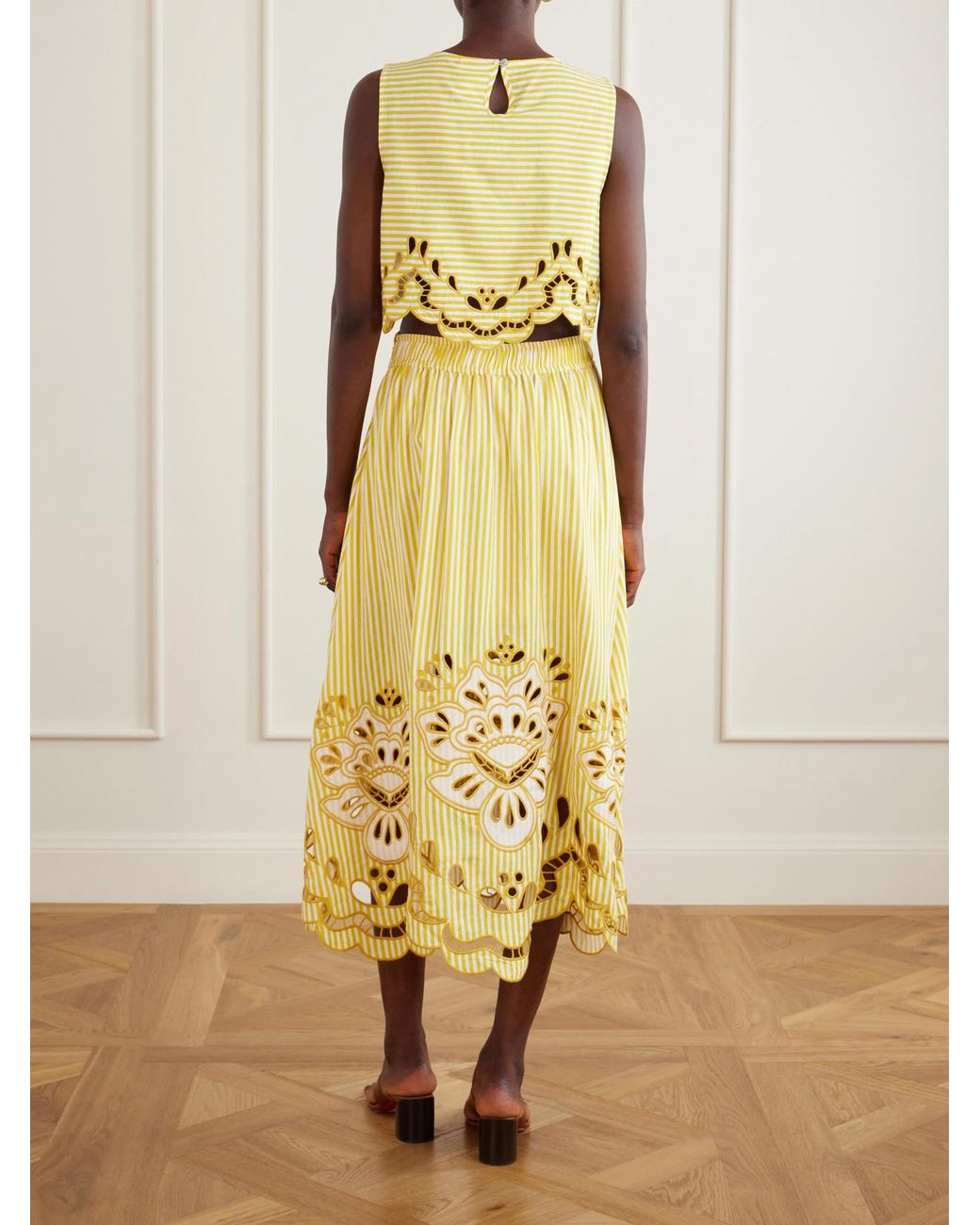 Farm Rio Yellow Striped Broderie Anglaise-Trimmed Linen-Blend Midi Skirt