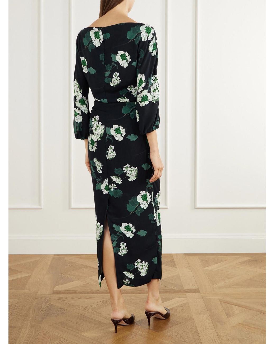 BERNADETTE Black Ezra Floral-Print Ruched Crepe Midi Dress