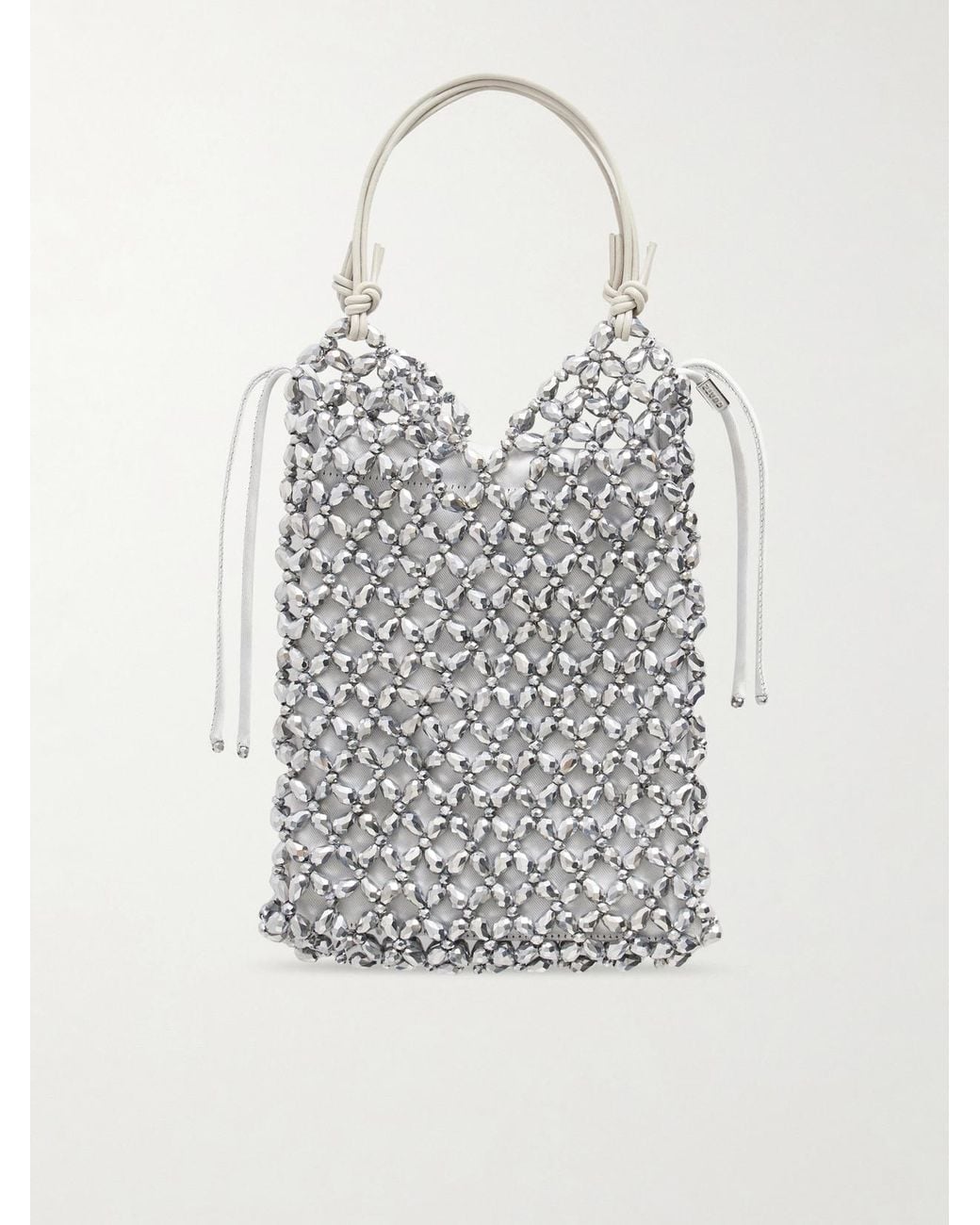 Staud White Kelly Leather-Trimmed Embellished Satin Shoulder Bag