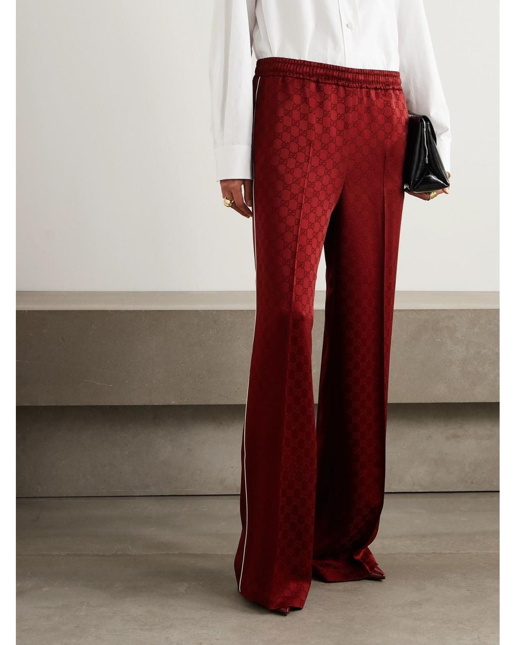 Gucci Red Satin-Jacquard Straight-Leg Pants