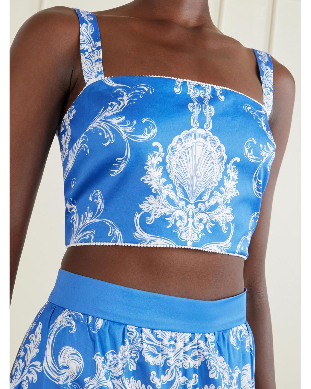 Borgo De Nor Blue Didi Printed Cropped Cotton-Poplin Top