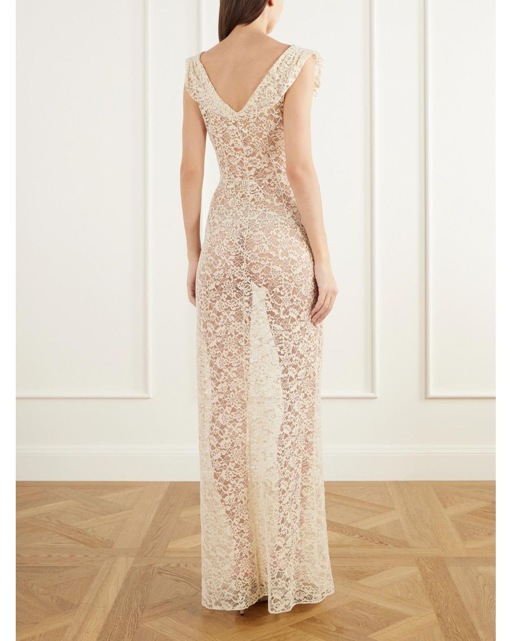 Colleen Allen White Draped Corded Lace Cotton-Blend Gown