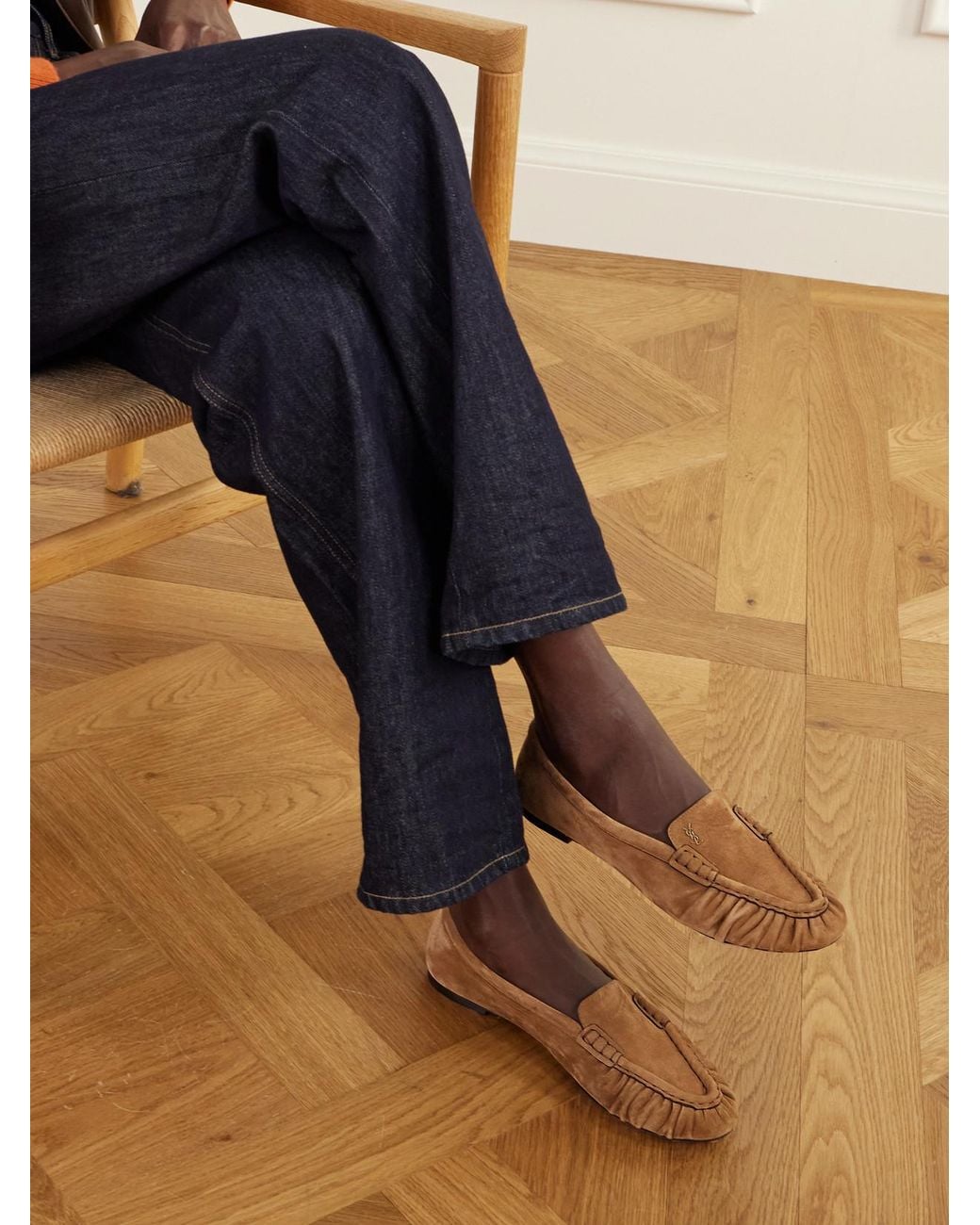 Saint Laurent Brown Loaferino Gathered Suede Ballet Flats