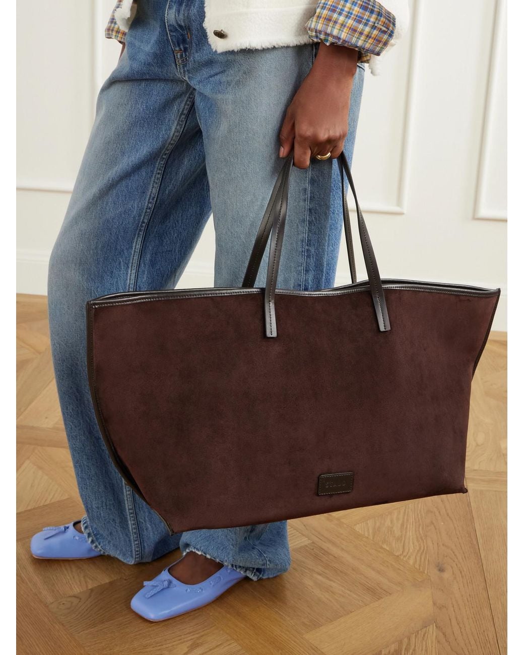 Staud Brown Christos Large Leather-Trimmed Suede Tote Bag