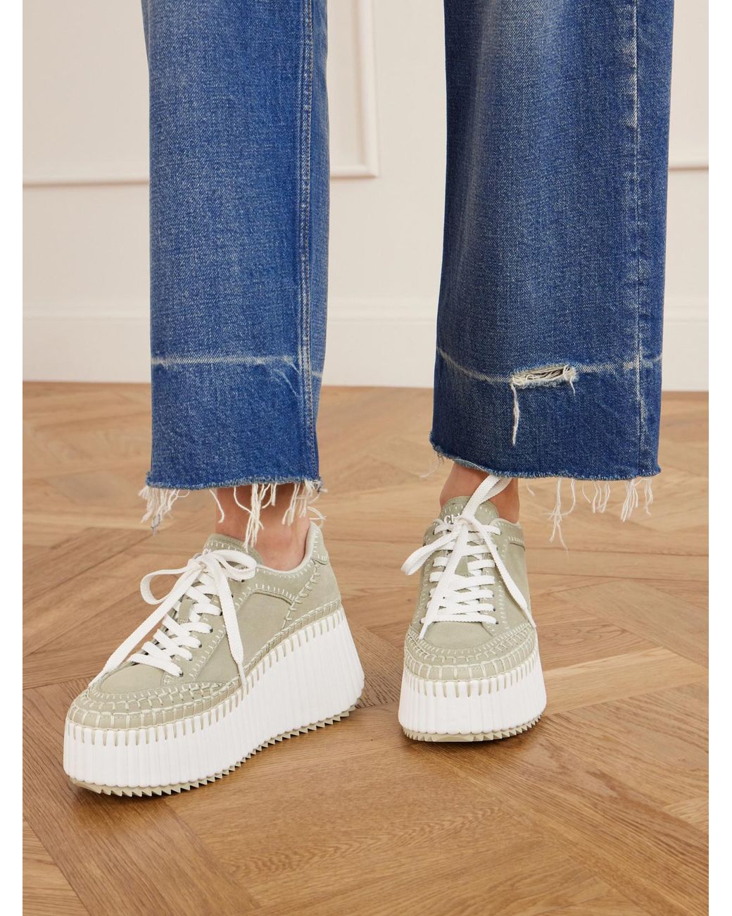 Chloé White Nama Patchwork Suede-Trimmed Leather Platform Sneakers
