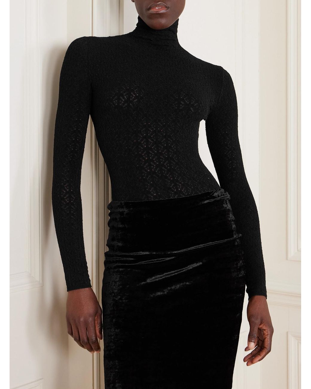 Alaïa Black Open-Knit Turtleneck Bodysuit