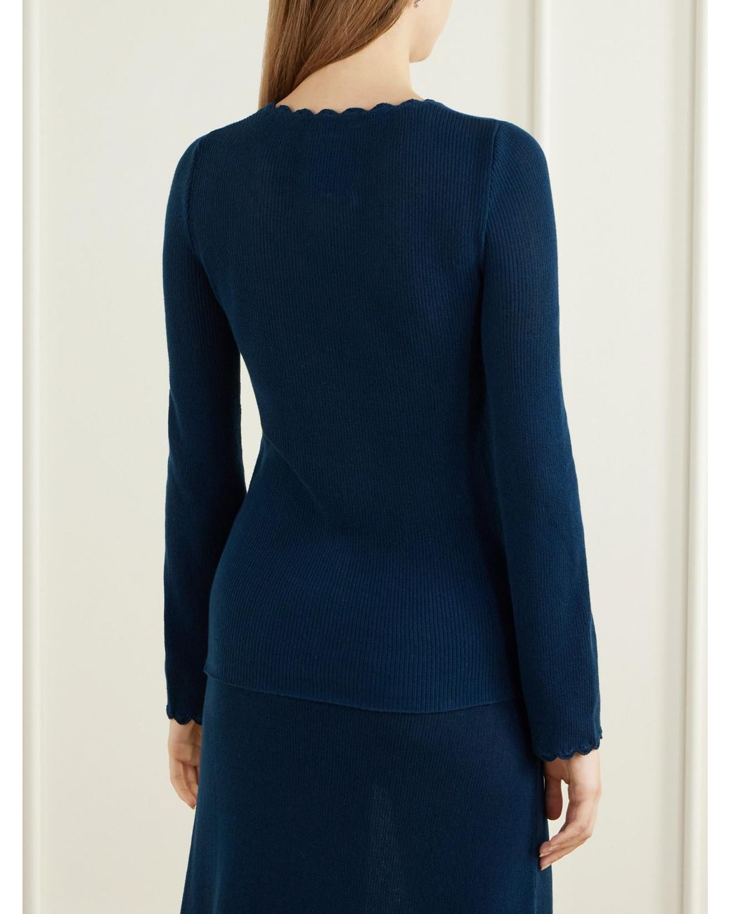 Escvdo Blue Bernabe Scalloped Ribbed Cotton Sweater