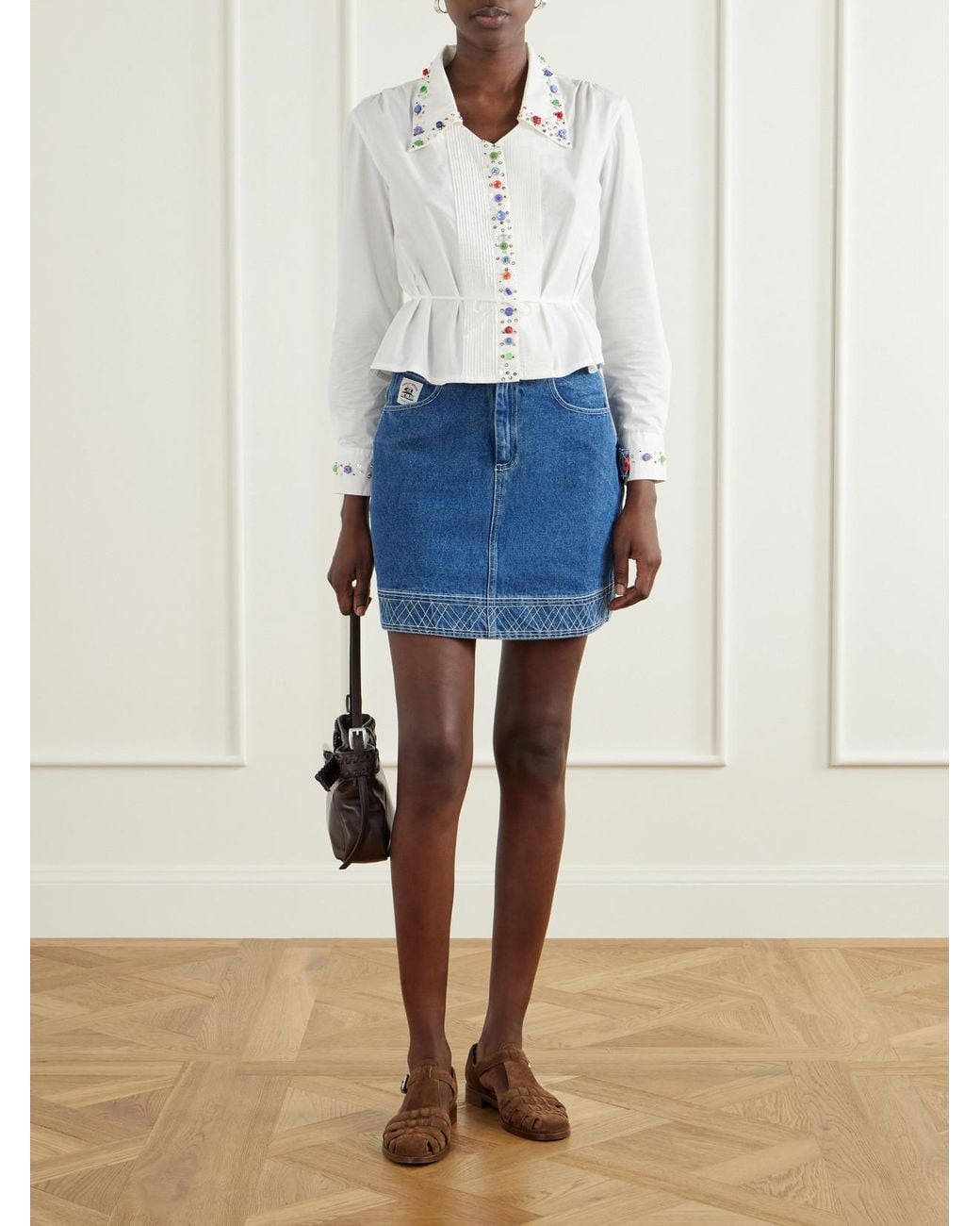 Bode Blue Embroidered Cotton Mini Skirt