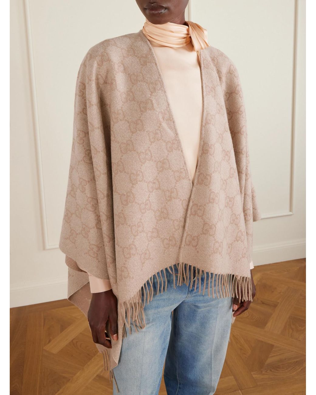 Gucci Natural Fringed Logo-Jacquard Metallic Cashmere-Blend Wrap