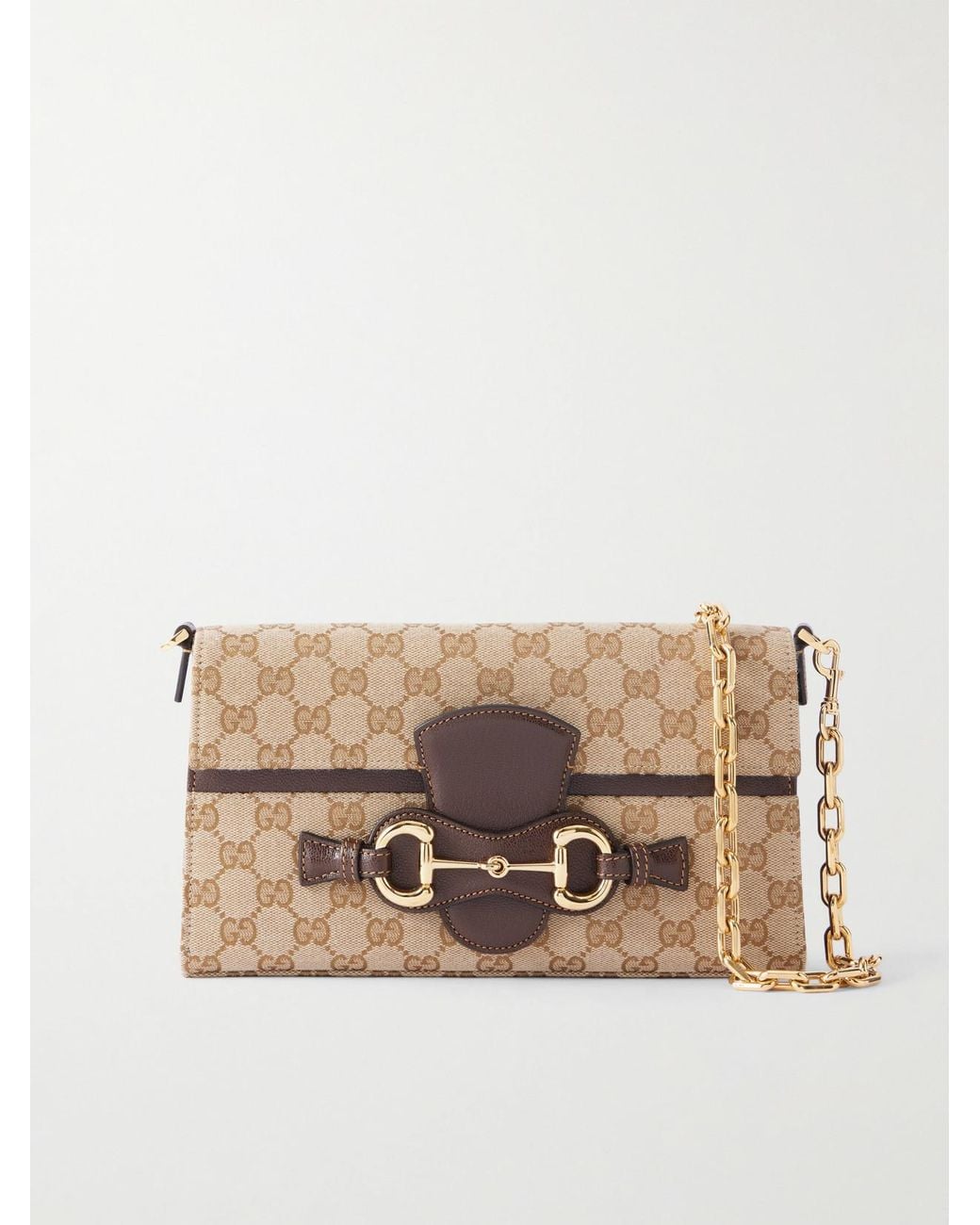 Gucci Natural Horsebit Ristretto Leather-Trimmed Canvas-Jacquard Shoulder Bag