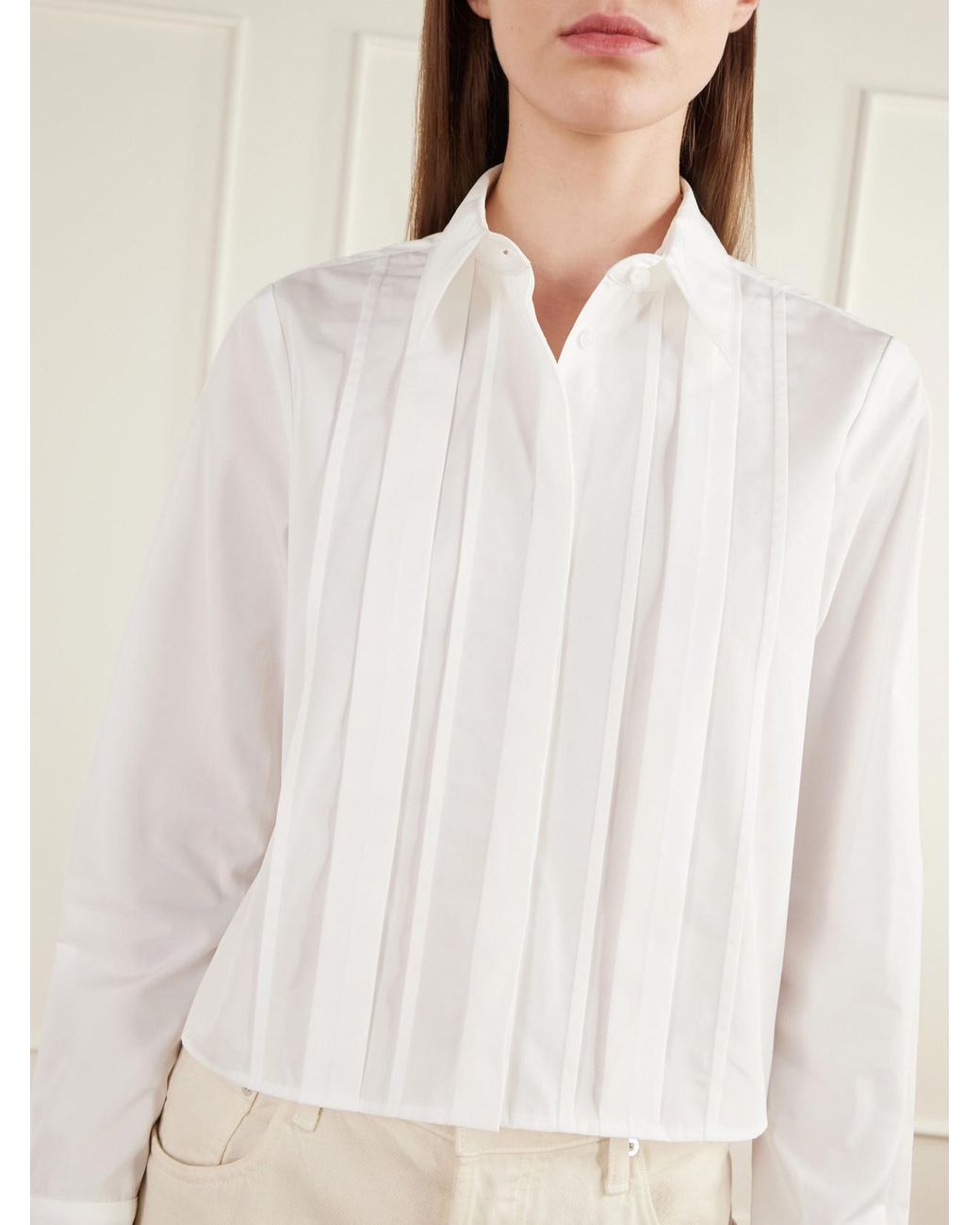 Twp White Mon Cherie Cropped Pintucked Cotton-Poplin Shirt