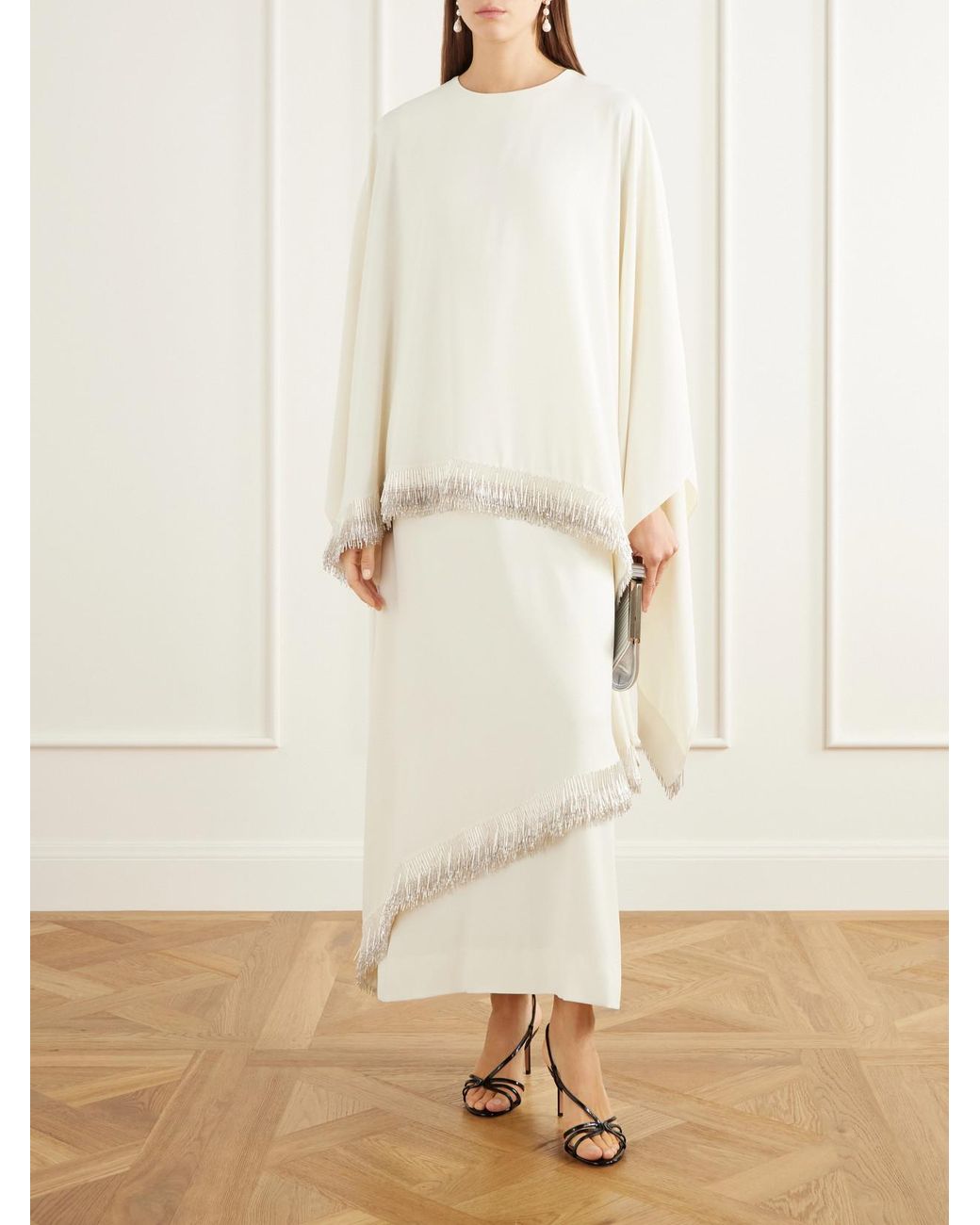Abadia White Bead-Embellished Layered Crepe Gown