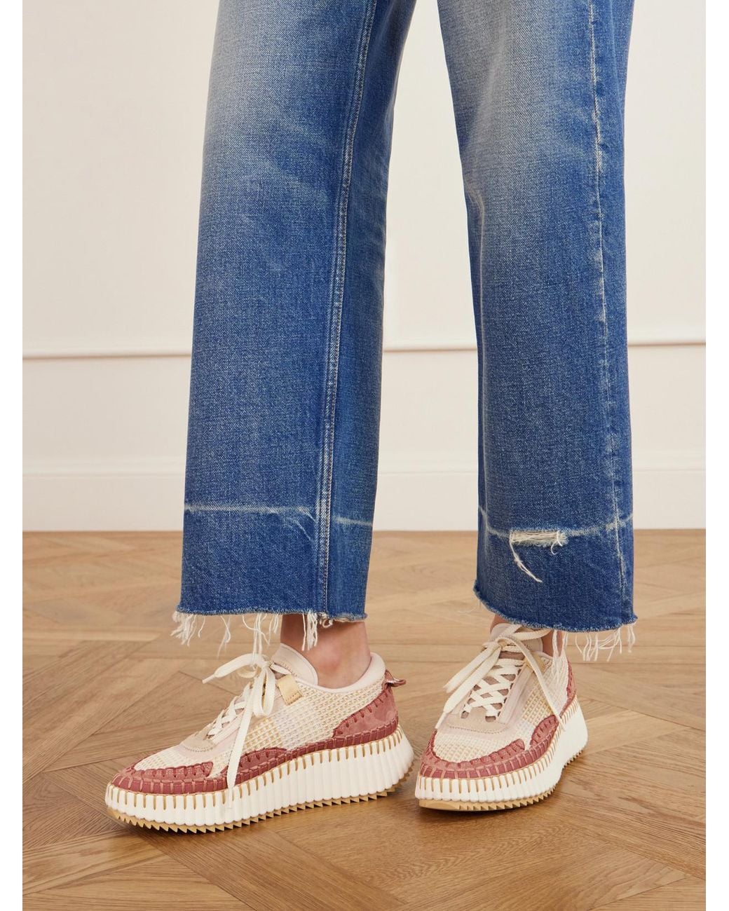 Chloé Natural Nama Embroidered Suede And Recycled-Mesh Sneakers