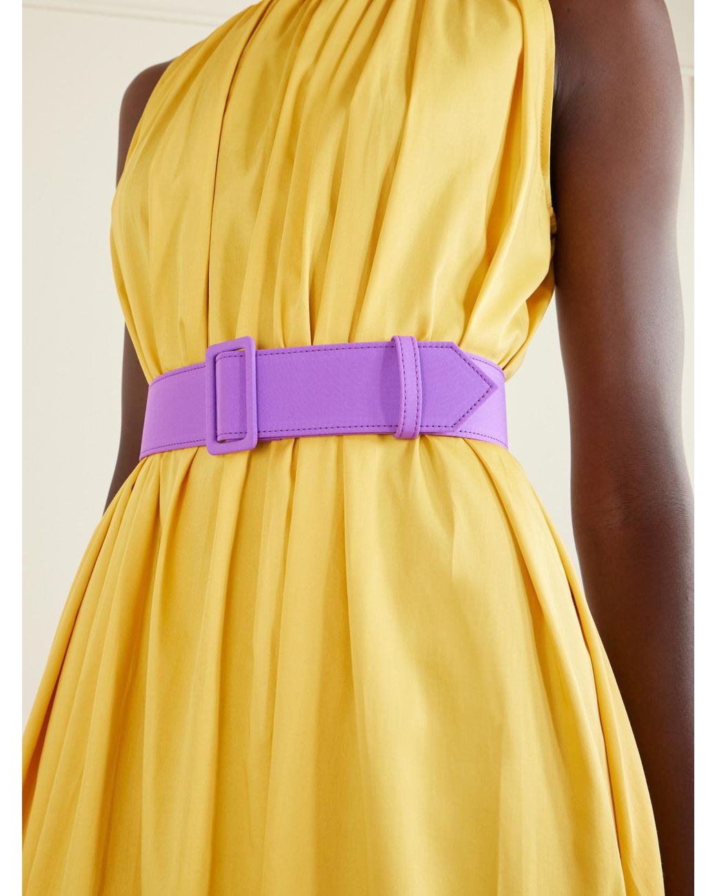 Marta Ferri Yellow Camogli Belted Ruched Grosgrain-Trimmed Cotton-Poplin Halterneck Midi Dress
