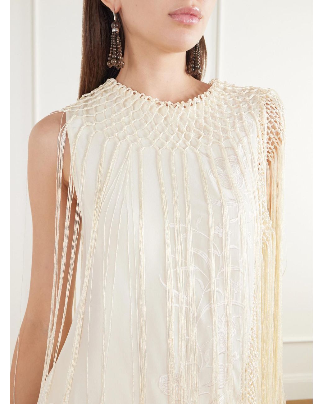 Ulla Johnson White Willa Fringed Embroidered Silk-Crepe De Chine Blouse
