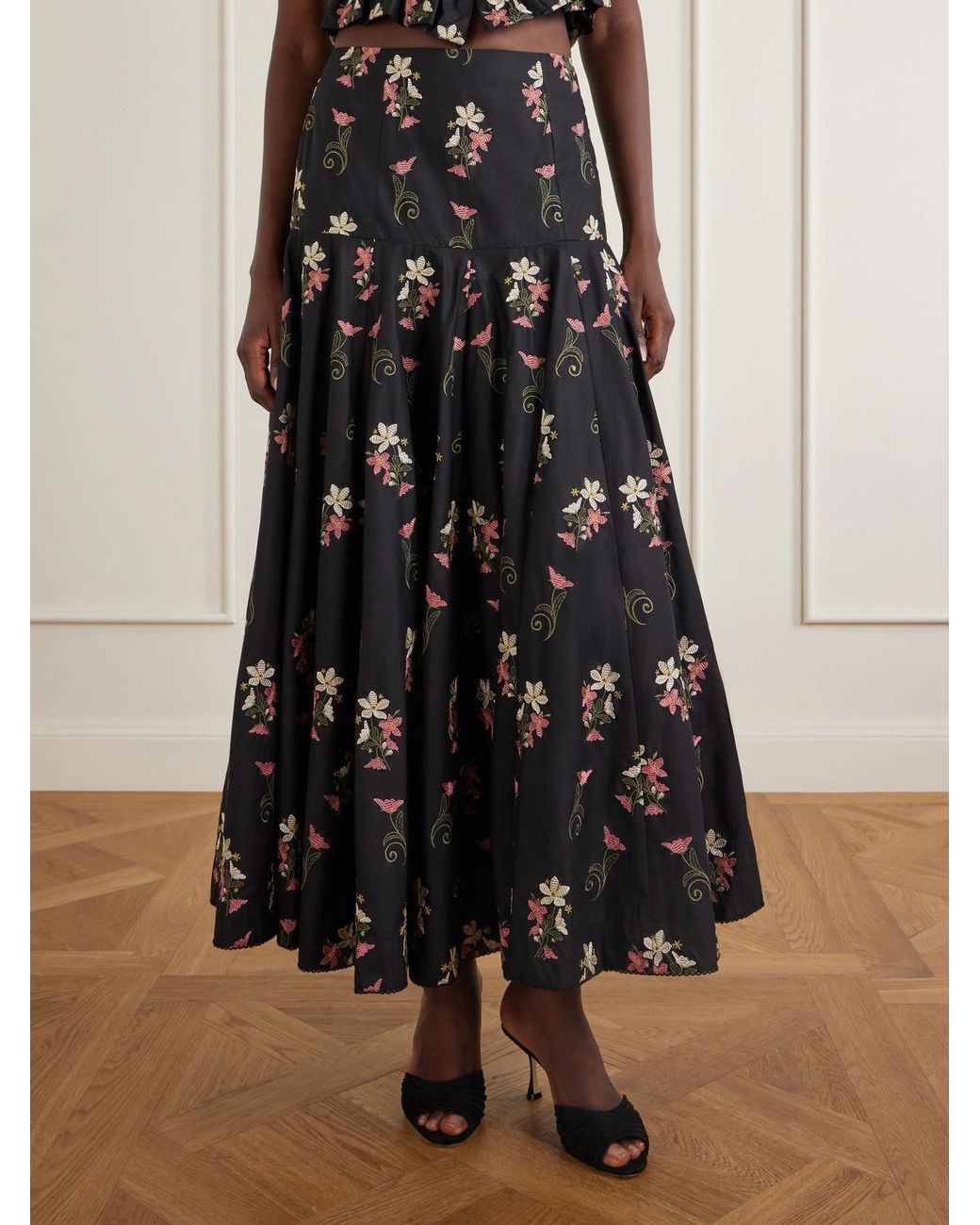 Agua Bendita Black Nacar Noche Floral-Embroidery Cotton Maxi Skirt