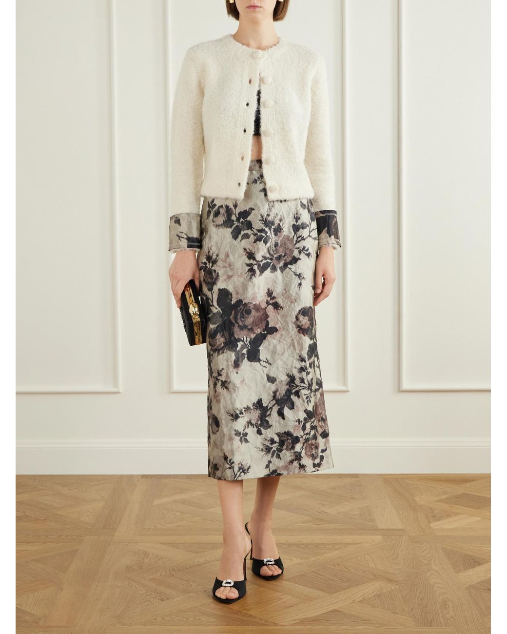 Erdem Gray Floral-Print Crinkle Satin Midi Skirt