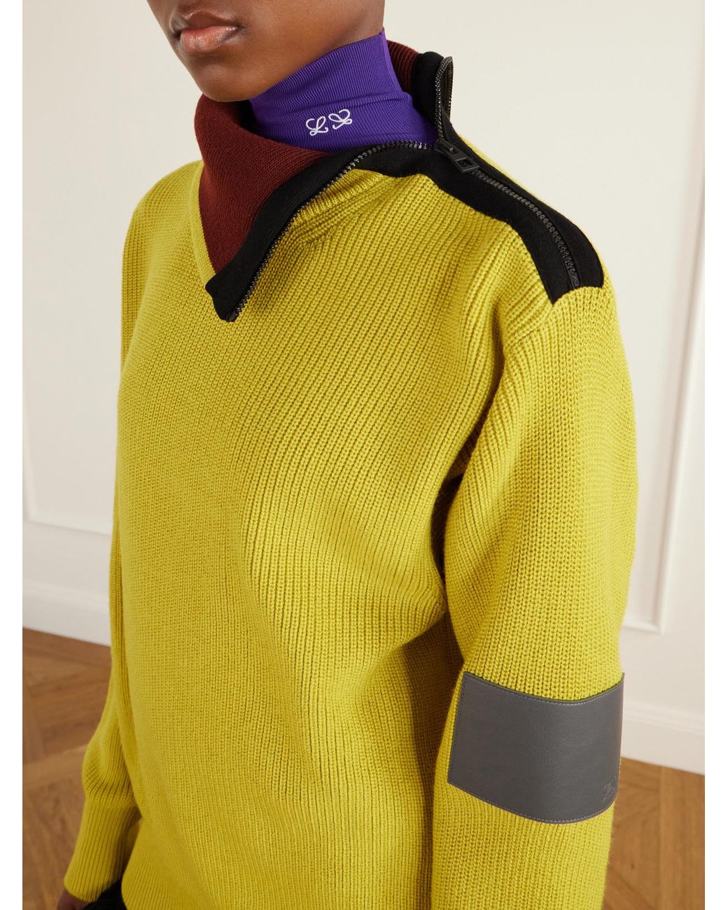 Loewe Yellow Zip-Detailed Leather-Trimmed Ribbed Wool-Blend Turtleneck Sweater